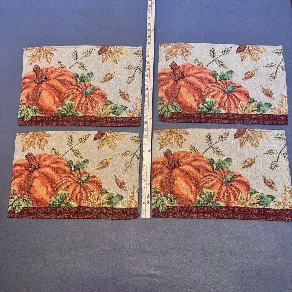 4 Fabric Fall Harvest Placemats Gold Metallic Shimmer Pumpkins Thanksgiving READ
